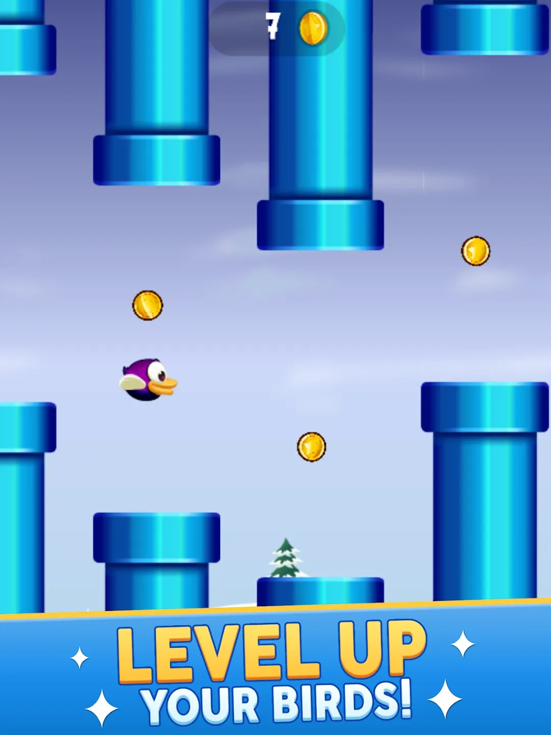 Screenshot des Flying Bird Spiels mit Vogel und Hindernissen